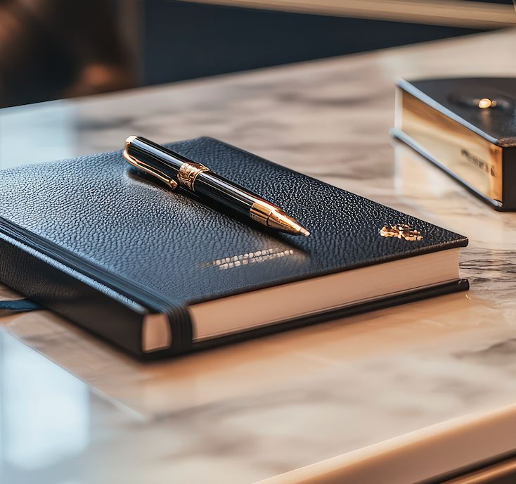 Law office details with a notebook and pen